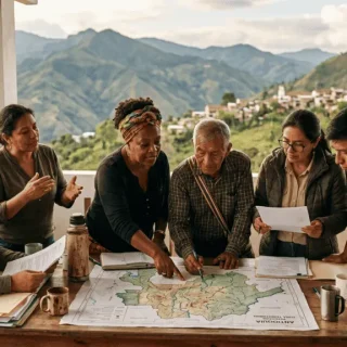 Grupo de líderes comunitarios colombianos reunidos alrededor de una mesa, revisando documentos y un mapa territorial
