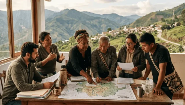Grupo de l&iacute;deres comunitarios colombianos reunidos alrededor de una mesa, revisando documentos y un mapa territorial