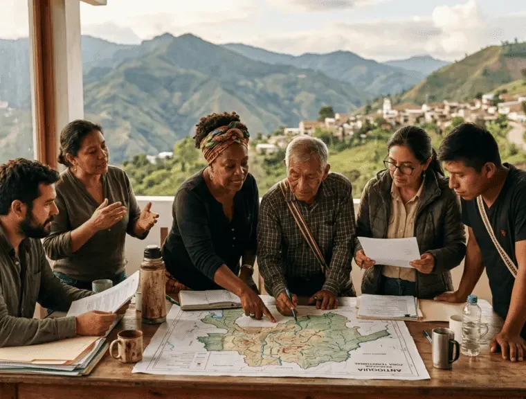 Grupo de líderes comunitarios colombianos reunidos alrededor de una mesa, revisando documentos y un mapa territorial