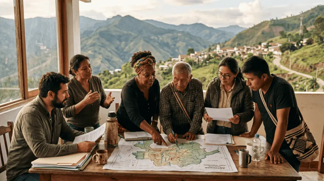 Grupo de líderes comunitarios colombianos reunidos alrededor de una mesa, revisando documentos y un mapa territorial